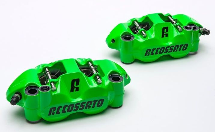 Accossato forged monoblock brake caliper Right, 108 mm, aluminium-made pistons - racing Green coating - brake pads ST included