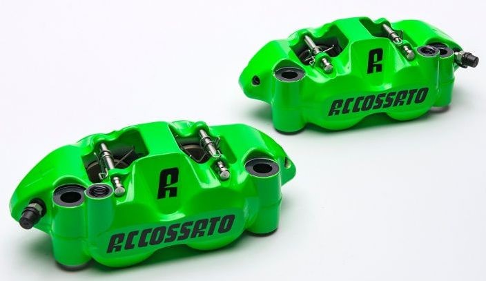 Accossato forged monoblock brake caliper Left, 108 mm, aluminium-made pistons - racing Green coating - brake pads ZXC included