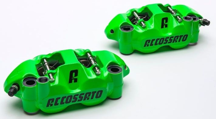 Accossato forged monoblock Brake caliper set, 108 mm, aluminium-made pistons - racing Green coating - brake pads ZXC included