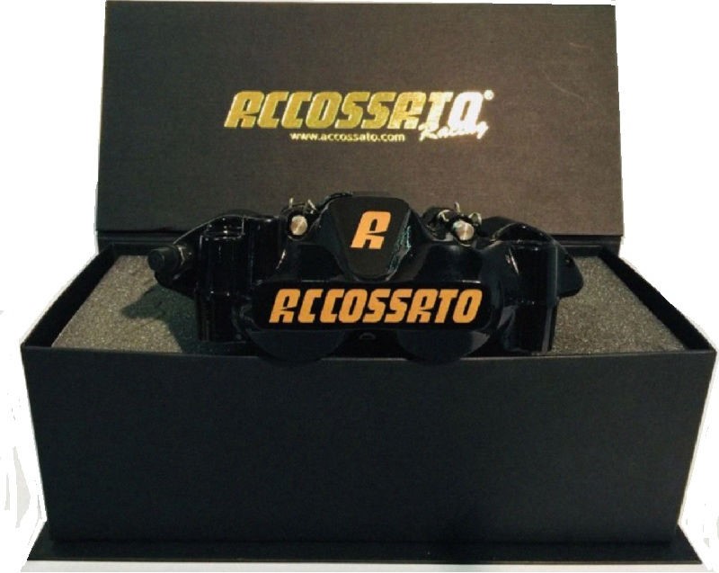 Accossato forged monoblock brake caliper Right, 108 mm, aluminium-made pistons - Black coating (Gold) - brake pads ZXC included