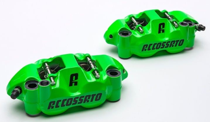 Accossato forged monoblock brake caliper Right, 108 mm, aluminium-made pistons - Fluorescent Red coating - brake pads ZXC included