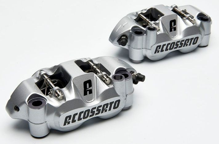 Accossato forged monoblock brake caliper Left, 108 mm, aluminium-made pistons - racing Silver coating - brake pads ST included