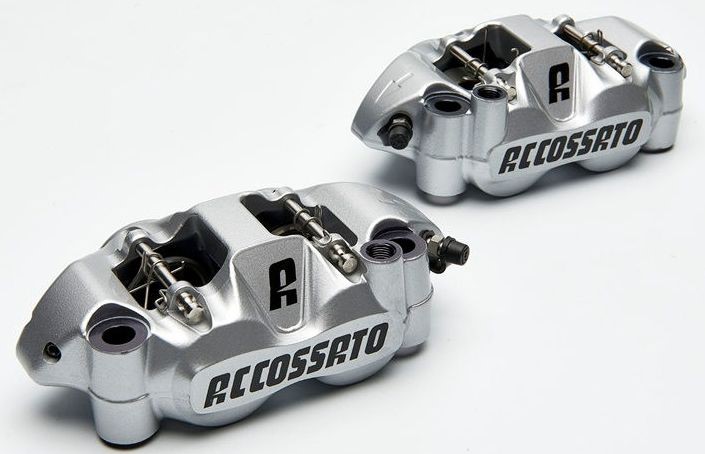 Accossato forged monoblock Brake caliper set, 108 mm, aluminium-made pistons - racing Silver coating - brake pads ZXC included
