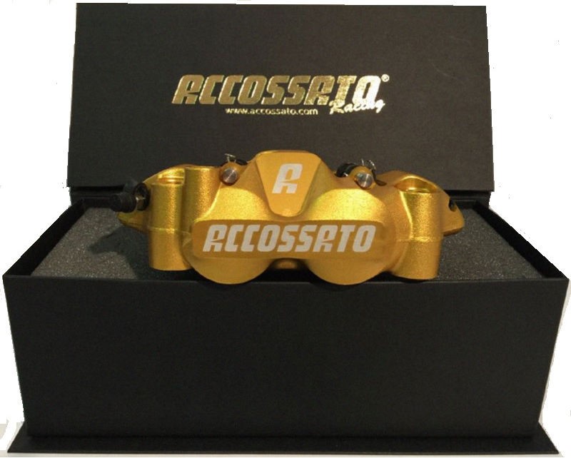 Accossato forged monoblock brake caliper set, 108 mm, aluminium-made pistons - Fluorescent racing yellow coating - brake pads ST included