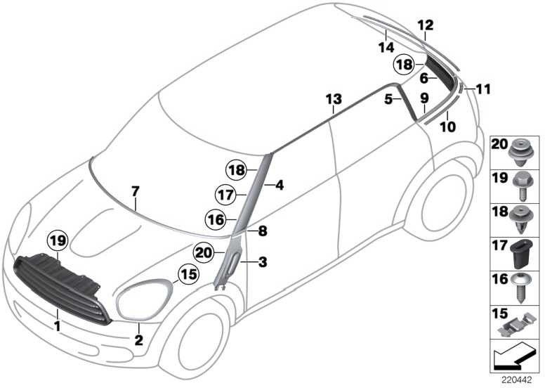 右のミニ上のBMW本物のカバーストリップ（51139802758）| 51139802758