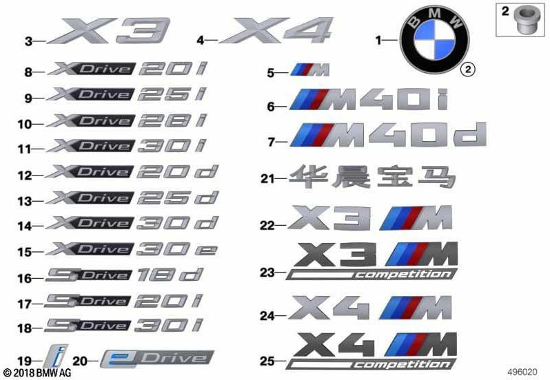 左のXドライブ30D（51147435969）のBMW純正レタリング| 51147435969