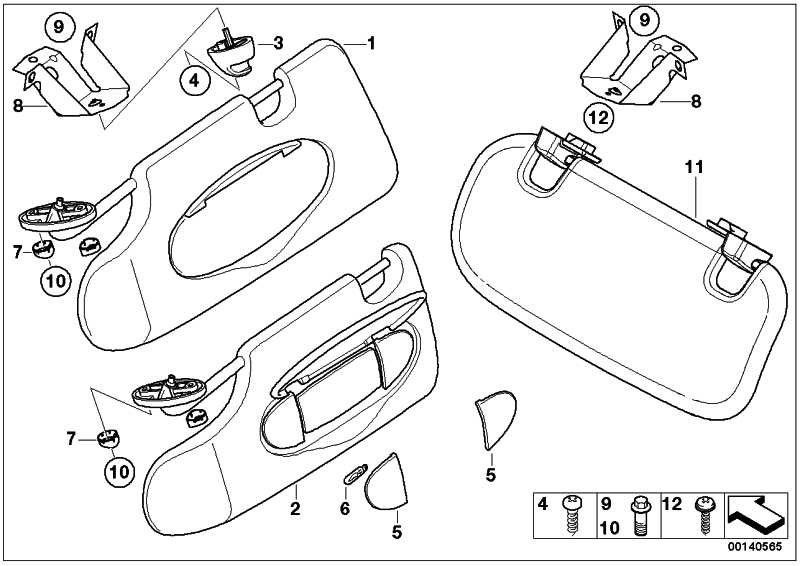 右のパンサーブラックミニ（51167135954）にミラーを備えたBMW本物のサンバイザー| 51167135954