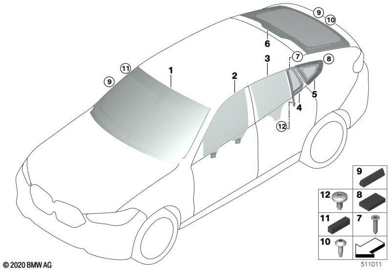 BMW純正サイドウィンドウドアフロント左VSG（51338496037）| 51338496037