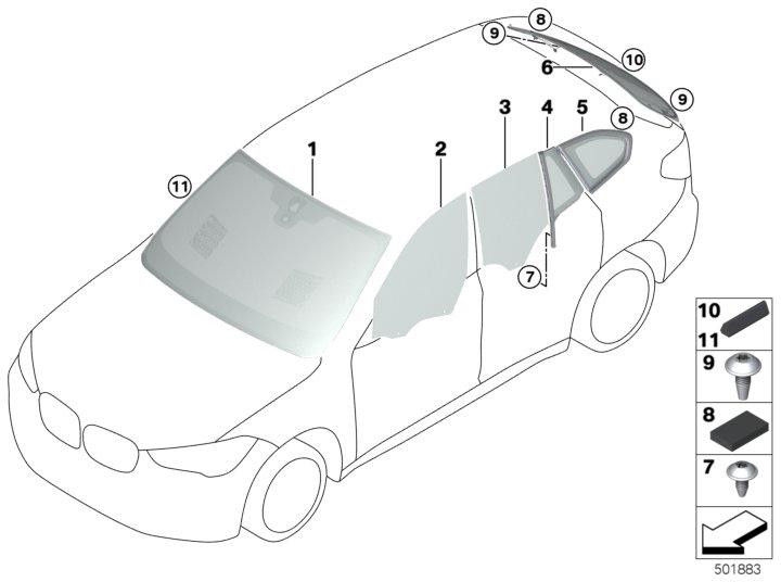 BMW純正サイドウィンドウファームドアバック右SSG（51377405606）| 51377405606
