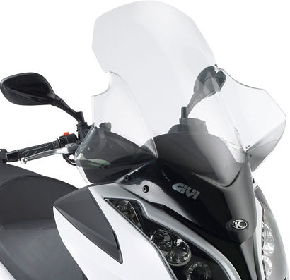 Givi Windscreen for Kymco Downtown 125/200/300 09-16, Xtown 125/300 16-, color Clear, dim. HxW 81,5 x 64 cm, 15 cm higher than oe, fits oe headlight fairing | D294ST - Webike Thailand